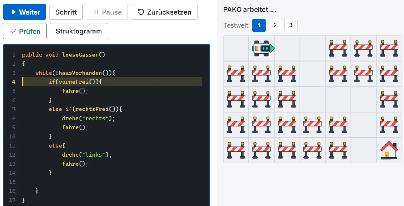PAKO-Editor mit einer while-Schleife, daneben die Stadt, in der PAKO den Weg zum Haus sucht