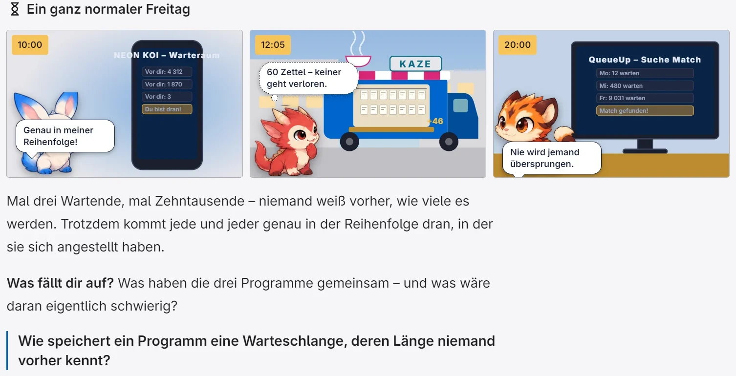 Comic-Einstieg „Ein ganz normaler Freitag“ mit drei Bildern zu Warteschlangen und der Leitfrage der Reihe