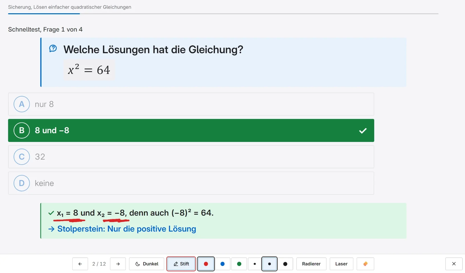 Beamer-Ansicht eines Schnelltests mit aufgedeckter Lösung, Unterstreichungen mit dem Stift und Werkzeugleiste
