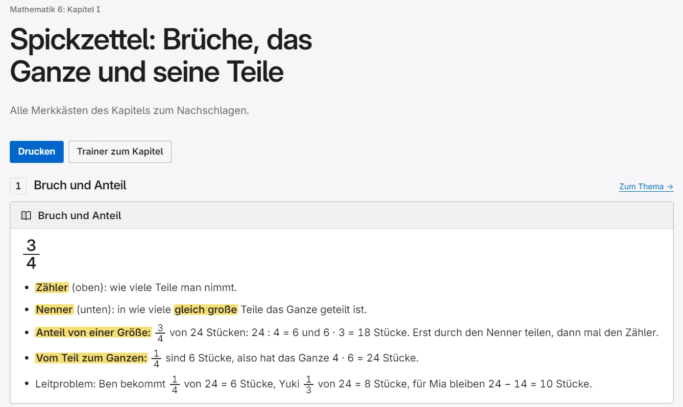 Spickzettel zu Brüchen mit Merkkasten, in dem die Fachbegriffe gelb markiert sind